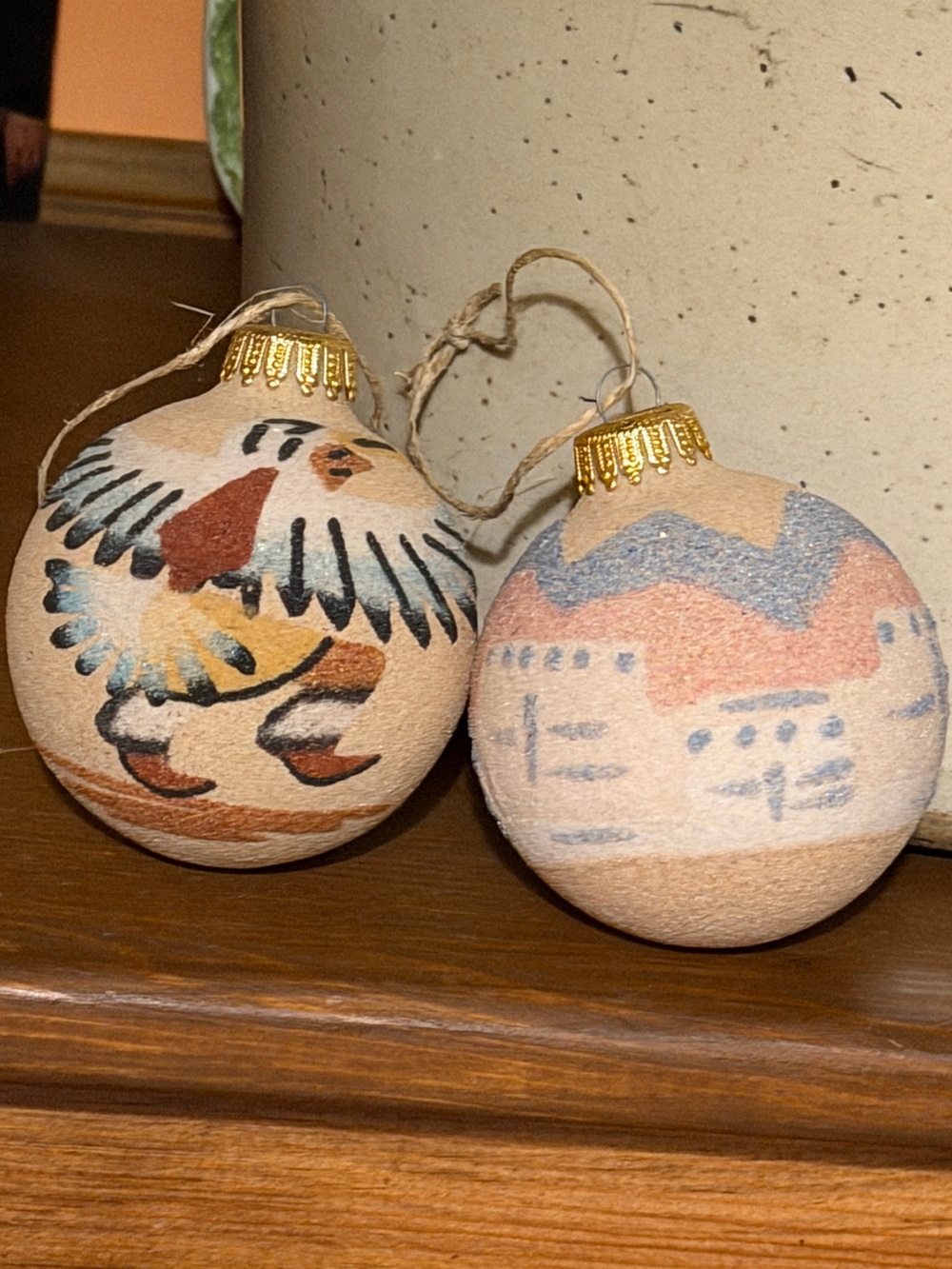 Sand painting Hand painted Southwestern adobe style & kachina Ornaments pair